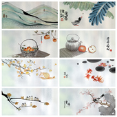 中式 意境山水画玻璃贴纸透光不透人横向阳台窗户防走光静电磨砂贴