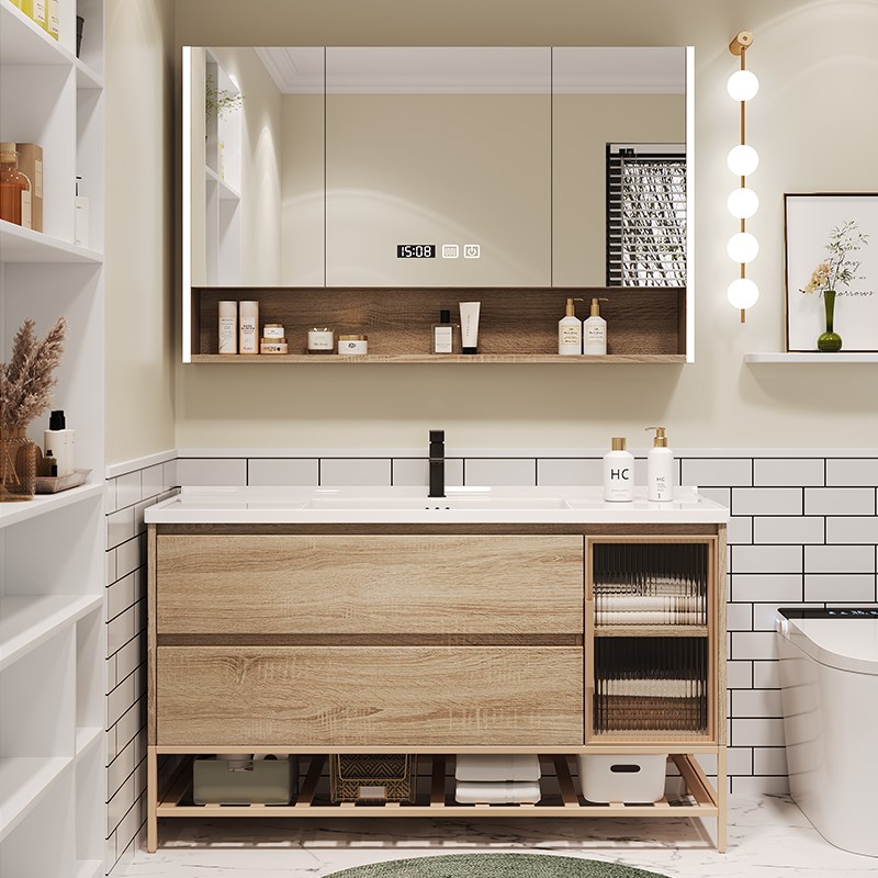 原木色陶瓷一体智能浴室柜镜柜组合卫生间落地式卫浴柜洗脸洗手盆