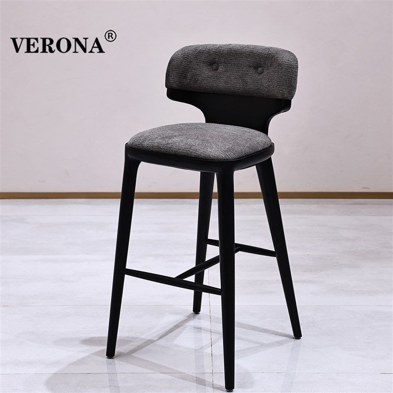 意式极简布艺高脚椅家用实木吧台椅靠背椅酒店前台接待棉麻高脚凳