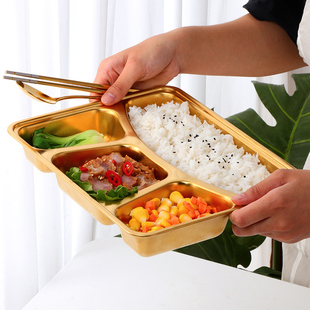 快餐盘学生饭堂盛菜饭盘子托盘长方形工作餐盘分格圆盘304不锈钢