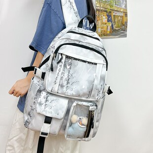 国风透明印花书包初中女生古风背包小学生高颜值痛包大容量双肩包