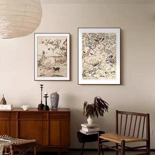 中古风玄挂关画百鸟图复廊花鸟入户正对门壁画新古中式艺术走过道