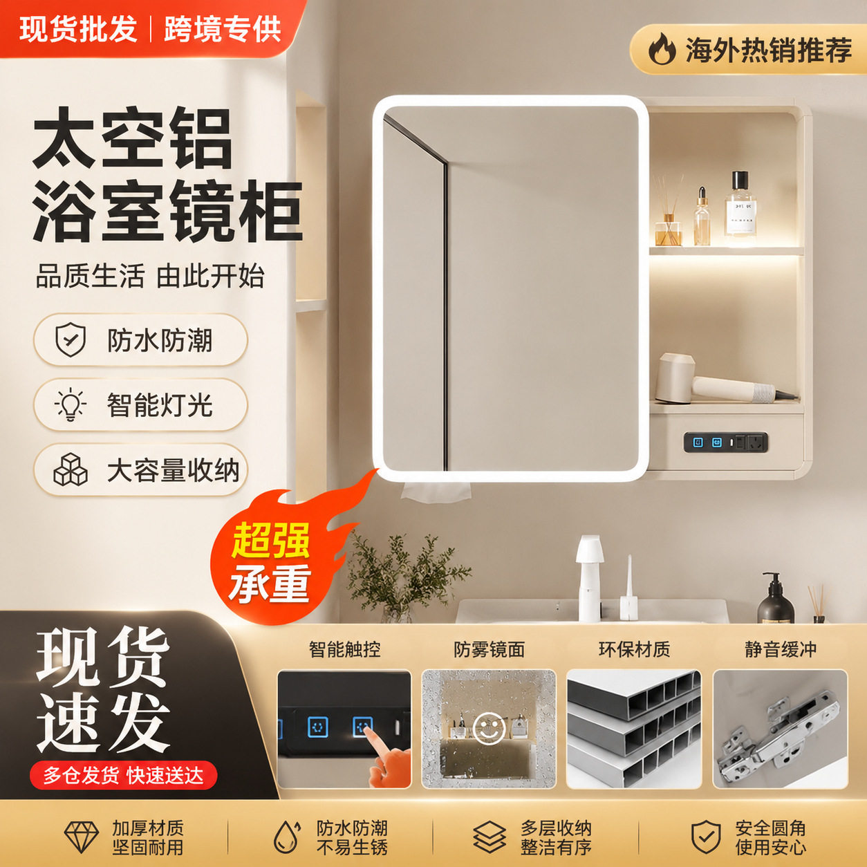 圆弧太空铝多功能智能镜柜圆角浴室镜家用卫生间挂墙式储物收纳镜