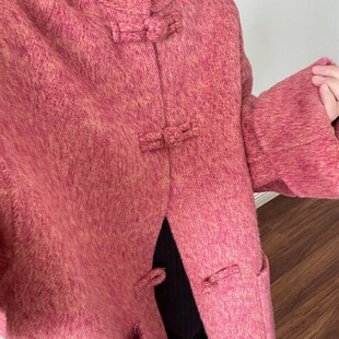 新中式新年粉色混色盘扣双面呢手工羊毛大衣女春新款短款宽松外套