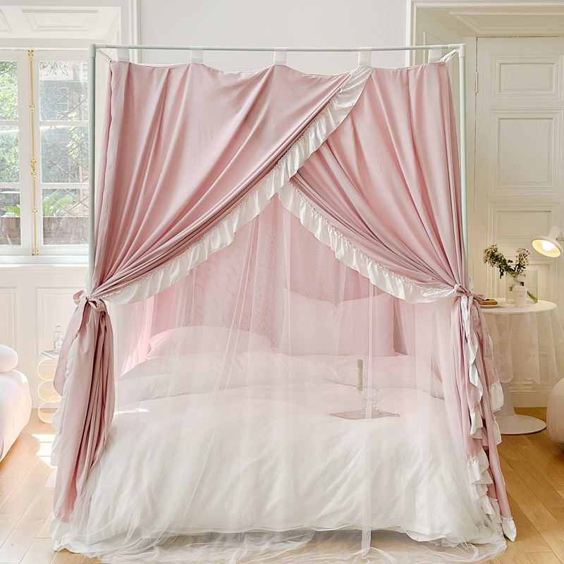 家用双层遮光挡风防尘床幔三门落地式宫廷蚊帐床帘一体式带支架