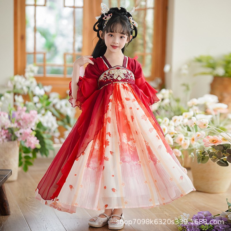 凤凰女主汉服女童2024夏季新款连衣裙小女孩中国风古风唐装红色