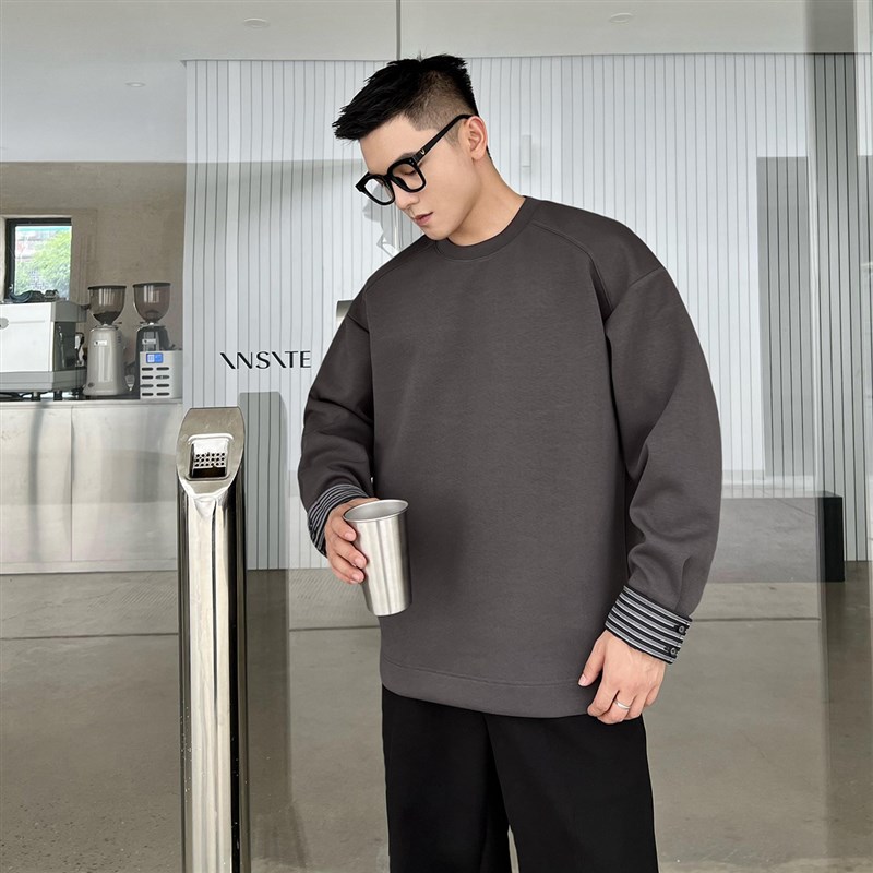 22号穿搭【黑色出差日】设计师款假两件拼接长袖t恤男内搭打底衫