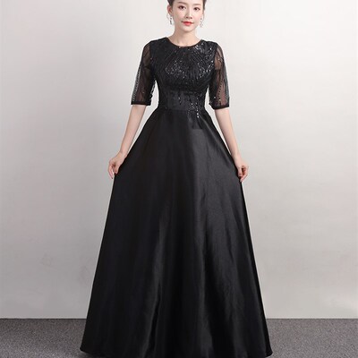 2021年新款气质主持人宴会成人大合唱舞台演出服指挥长裙晚礼服女