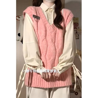 秋季新款学院风粉色麻花毛衣背心马甲叠穿绑带衬衫学生女时尚套装