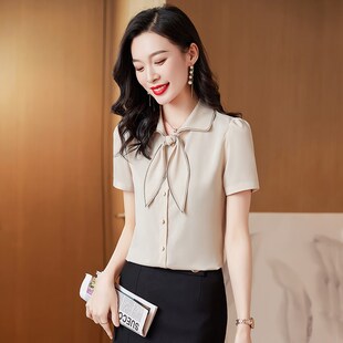 雪纺白衬衫女夏季宽松职业装少女感时尚气质套裙OL蝴蝶结短袖衬衣