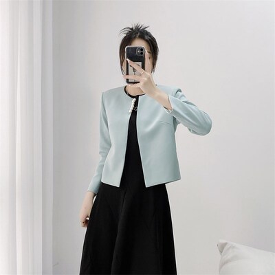 浅蓝色短外套女长袖圆领披肩旗袍外搭小西服女士西装外套短款上衣