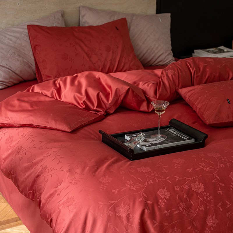 高端100支长绒棉提花结婚四件套婚庆床上用品全棉红色喜庆被套床