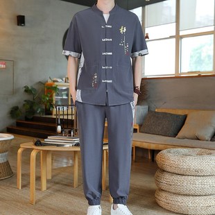中国风休闲套装男夏季新款短袖衬衫男装一整套穿搭新中式国潮衣服