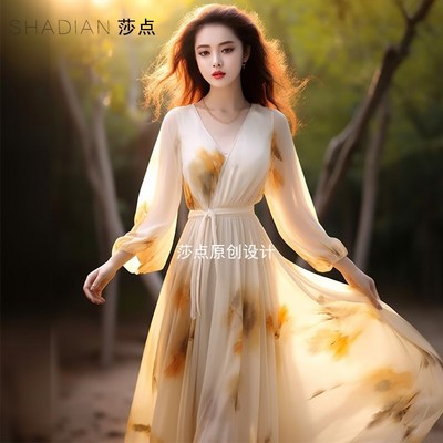 今年流行黄色连衣裙雪纺长款到脚踝大摆裙收腰显瘦海边度假沙滩裙