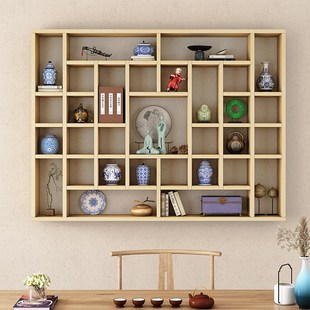 定制带灯光实木茶壶茶杯展示架壁挂格子博古架多宝阁格子柜置物架