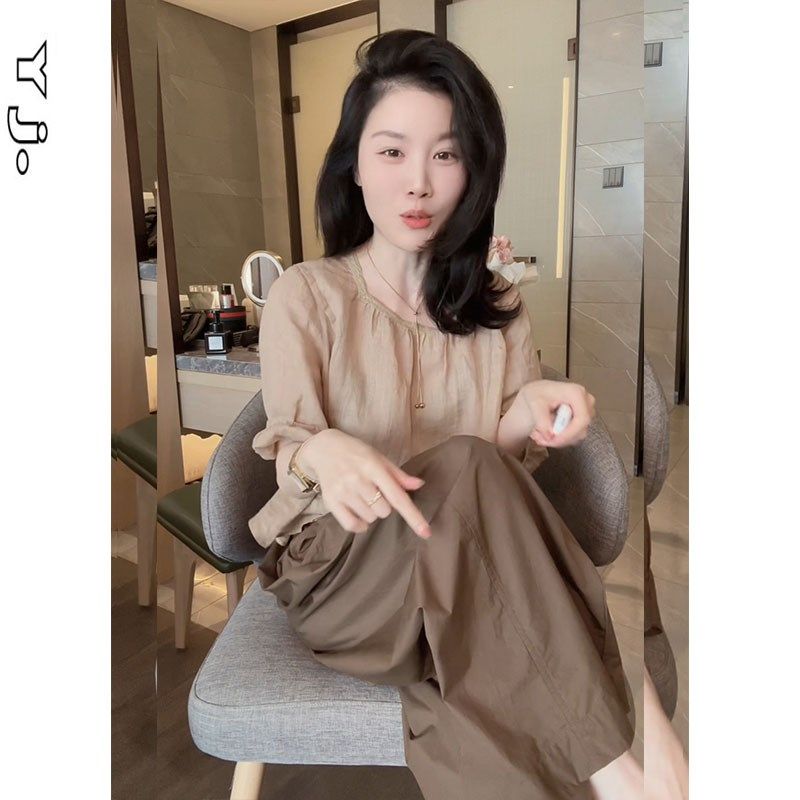 法式轻熟风微胖显瘦穿搭一整套2024新款中袖上衣阔腿裤两件套女装