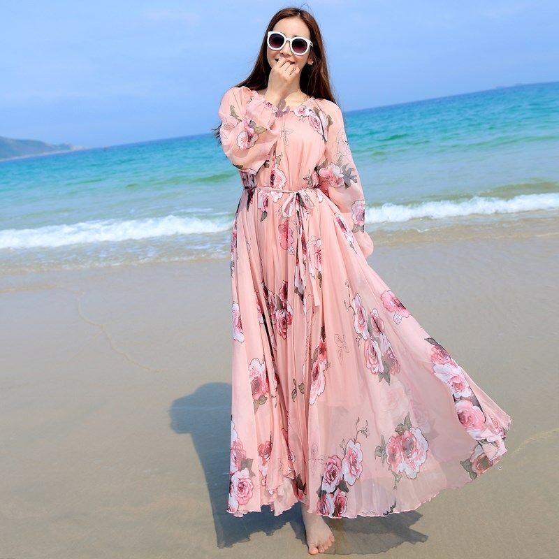 新款海边沙滩度假裙旅行宽松夏大码长袖雪纺连衣裙碎花仙女裙
