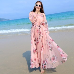新款海边沙滩度假裙旅行宽松夏大码长袖雪纺连衣裙碎花仙女裙