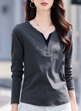 纯棉撞色假两件V领长袖t恤女2024秋季新款纽扣修身灰色上衣打底衫