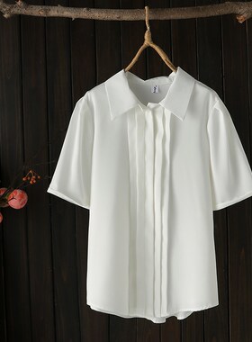 2024夏季新款白色衬衫短袖宽松大码胖mm显瘦遮肚褶皱上衣洋气小衫