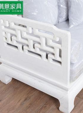 新中式古仿榆木古HRL布沙艺客厅发组复合实木古典雕刻长椅白色可