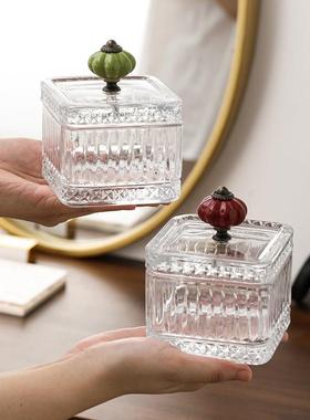 复古玻璃收收纳签s35085-B盒桌棉收纳家用玻璃带盖牙签面牙线防尘