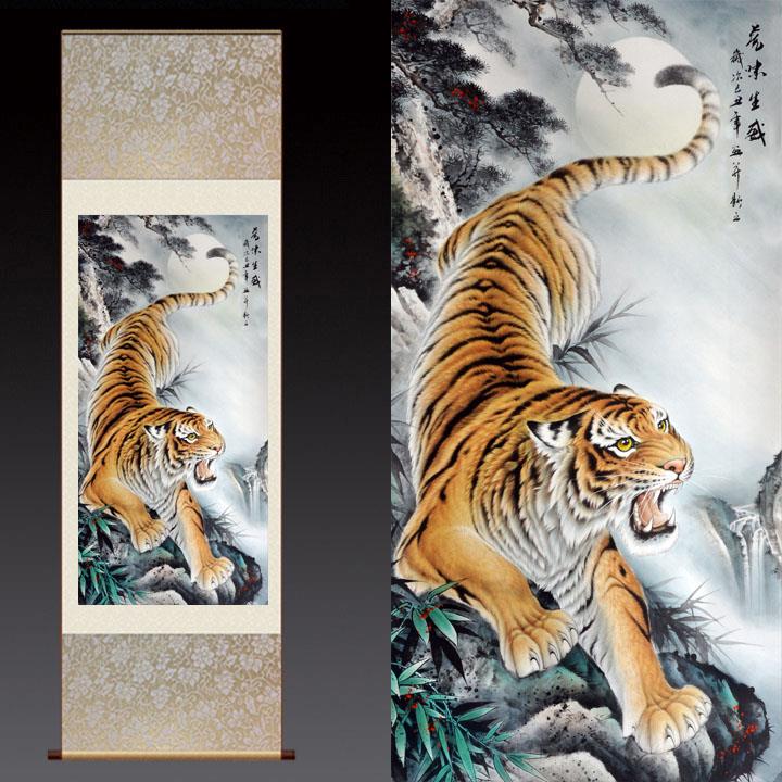 ?国下画老画虎画装饰无框山虎卷轴风水Fh(^l^l@画客厅竖玄关幅挂