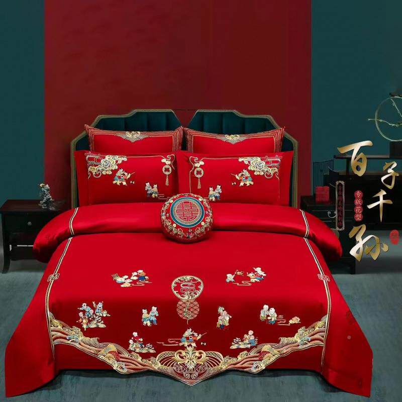 婚庆件套大被套龙绣凤全棉纯结婚刺绣床上用65344356品花四棉件套
