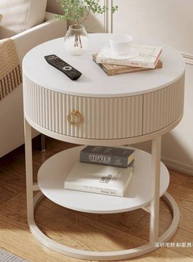 圆形发小茶几客家厅几用沙岩板边卧室带抽屉床头HMV柜收纳收纳边