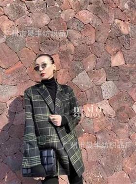 外现货新品纺加厚双面黑绿格子呢面料羊CX19828秋冬精绒大衣套套