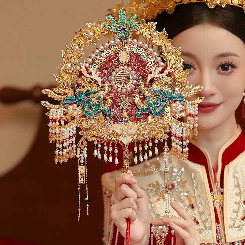 双面团扇新娘结婚礼出嫁成品秀禾喜扇送礼中式扇子材料包