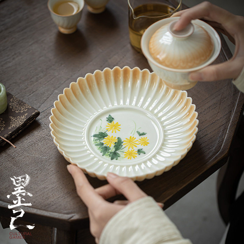 墨己手绘菊花渐变壶承茶托