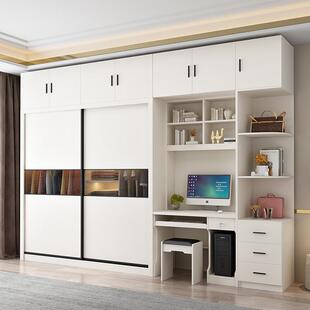 实木轻奢衣柜卧室推拉门带电脑书桌组合现代简约家用一体网