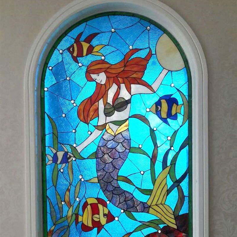 钢化隔断玄关窗户吊顶门芯欧式帝凡尼雕刻工艺术玻璃蒂凡尼美人鱼