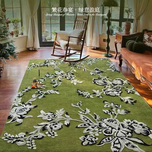 2024新款法式绿色地毯高级中古沙发茶几垫家用卧室床边毯防水防污