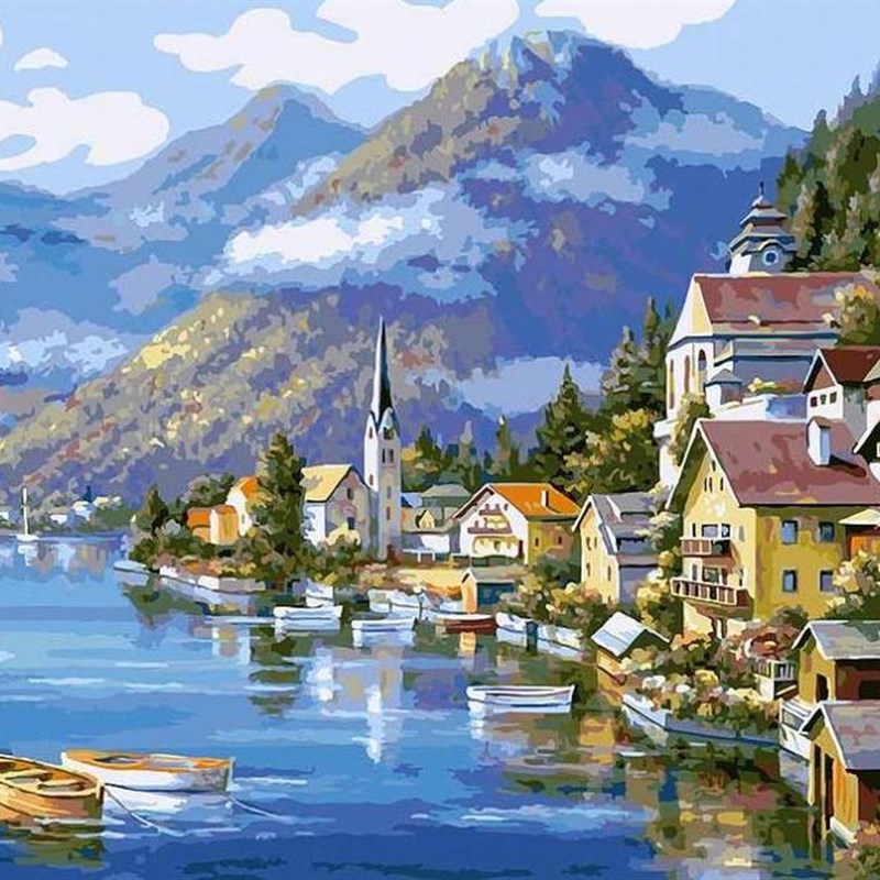 diy数字油画填充油彩画手工减压填色画奥地利哈尔施塔特
