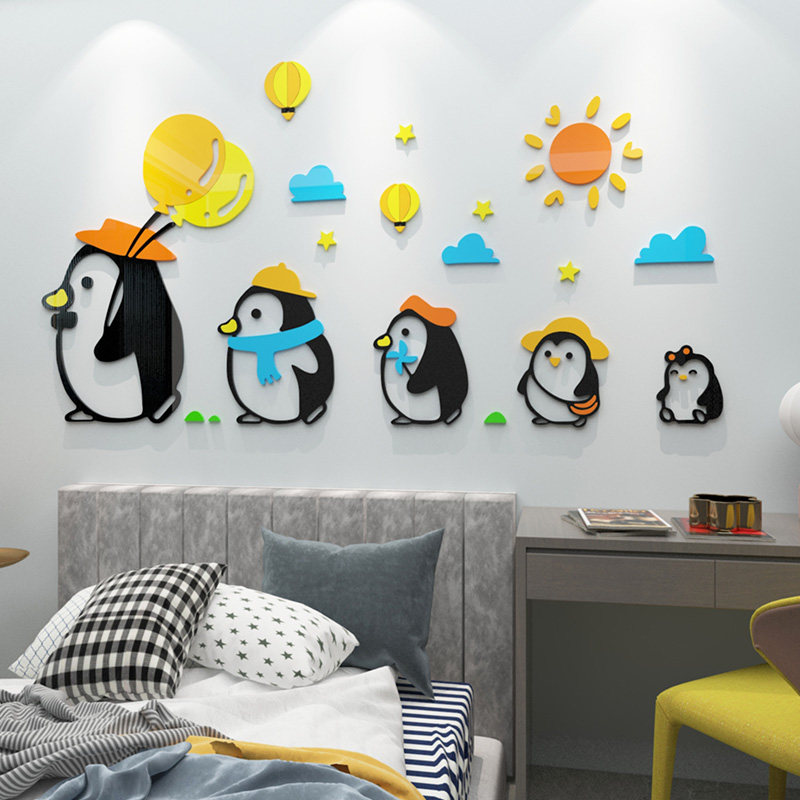 可爱企鹅3d立体墙贴儿童房间墙面布置装饰品客厅卧室卡通贴画自粘