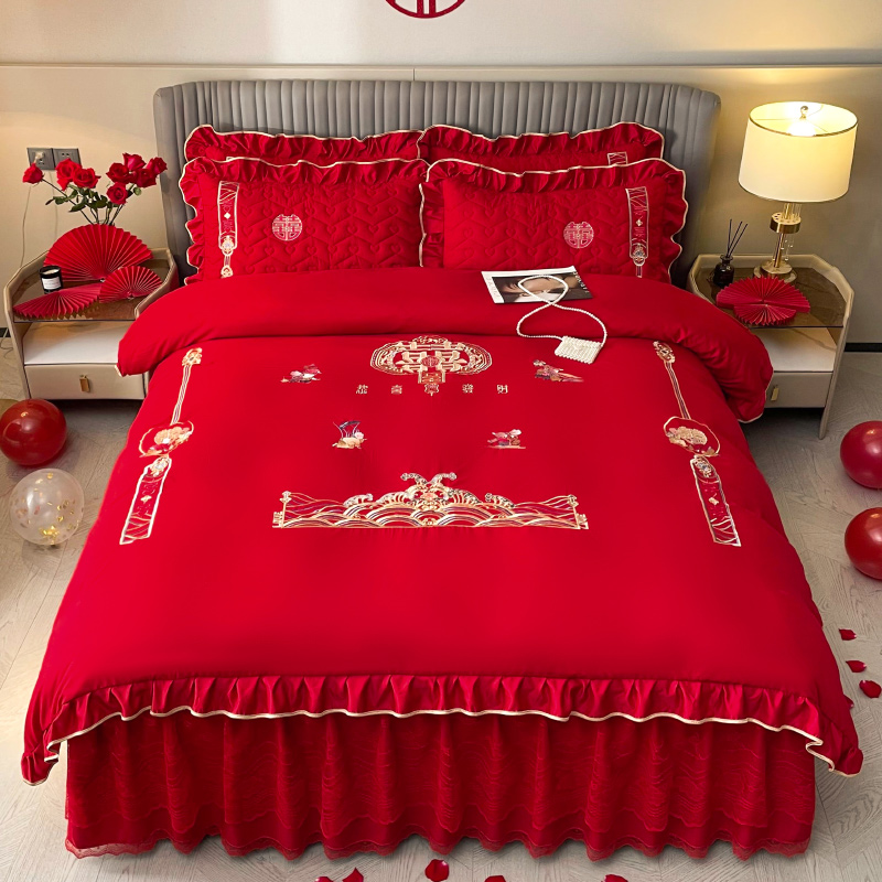 婚庆水洗棉喜庆四件中式大红色床单高档刺绣被结婚房床上用品