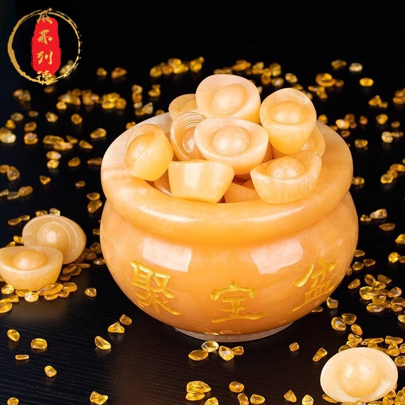 威弗列德天然米黄玉石聚宝盘摆件家居客厅装饰办公室摆设开业礼品