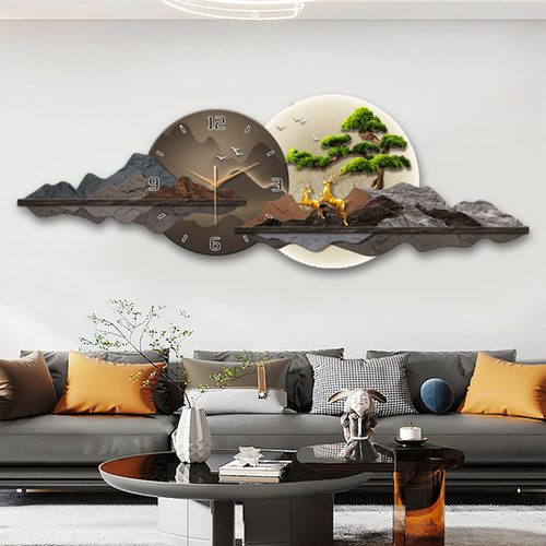 迎客松餐厅装饰画挂钟高档钟表挂墙led灯画饭厅山水挂画客厅时钟