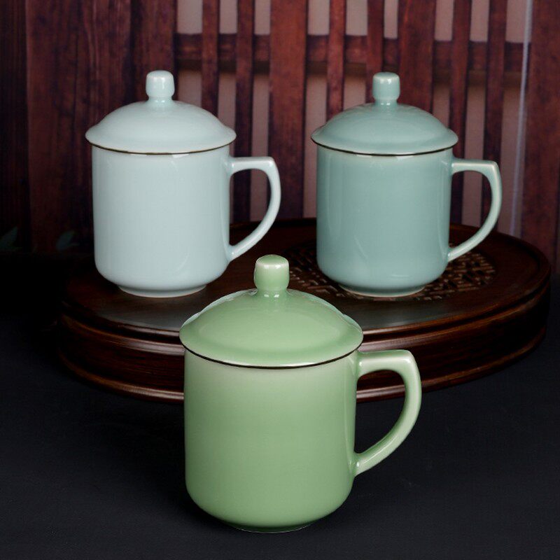 龙泉精品青瓷金边大至杯酒店办公会议室茶杯陶瓷家用泡茶喝茶水杯
