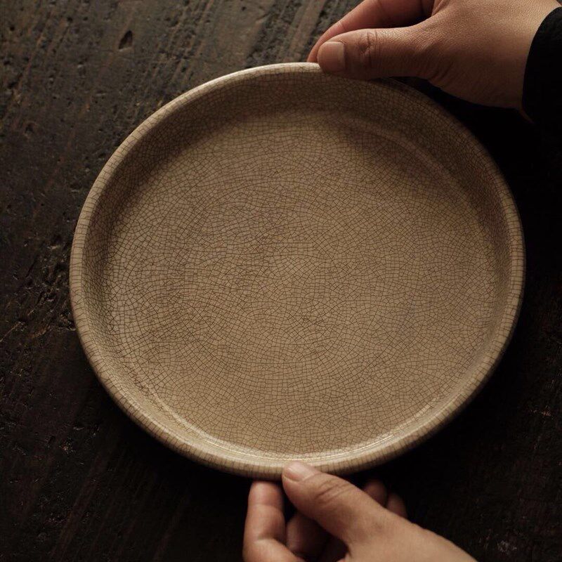 80年代台定工夫茶器 漳州潮州窑瓷茶盘 仿哥窑黄釉瓷开片壶承茶杯