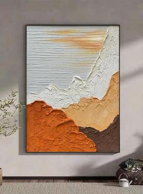 纯手绘油画橙色砂岩立体肌理画客厅玄关装饰画背靠金山聚财挂画