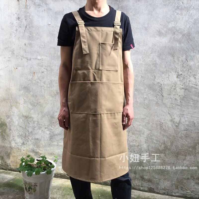 双肩抱婴袋帆布围裙手工加长卡其布色加厚烘焙学生美术绘画木工陶