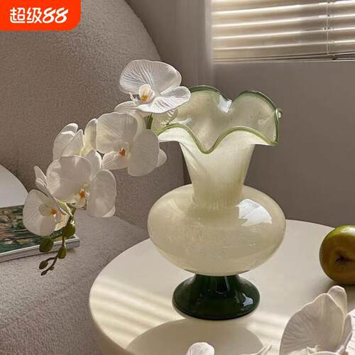 绿色芬顿中古玻璃花瓶摆件ins风波浪花边花瓶插花高级感装饰品