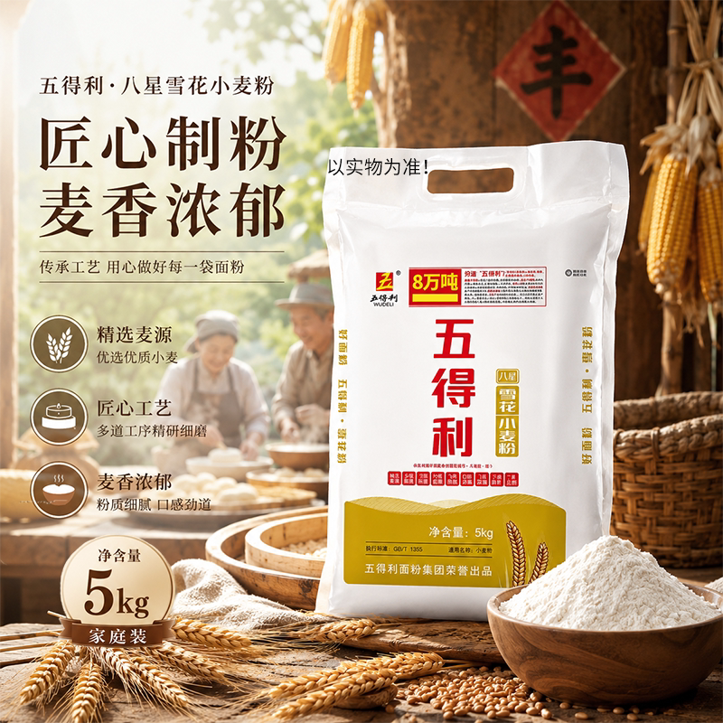 五得利八星雪花面粉小麦粉5kg袋装家用面粉自然麦香2斤起精细研磨