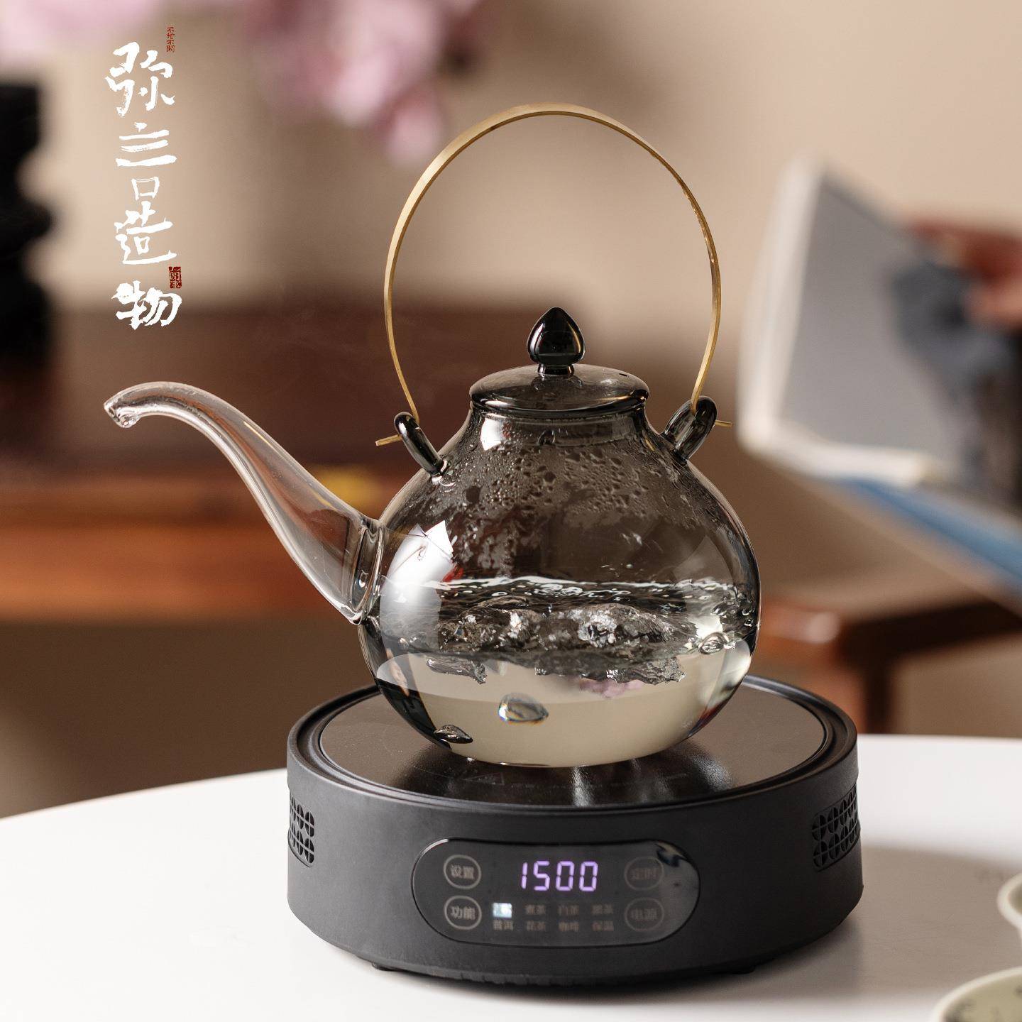 弥言耐热高硼硅玻璃煮茶壶家用泡茶煮水壶创意长嘴铜提梁壶烧水壶