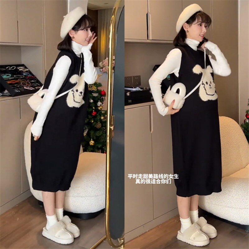 孕妇春季套装长袖高领上衣中长款卡通针织背心裙2024新款时尚百搭