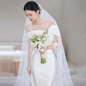 缎面鱼尾轻婚纱新娘法式 一字肩简约高级感出门纱森系小拖尾礼服裙