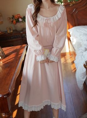 甜美少女感粉色长裙睡裙女春季新品长袖纯棉全棉宽松学生家居服
